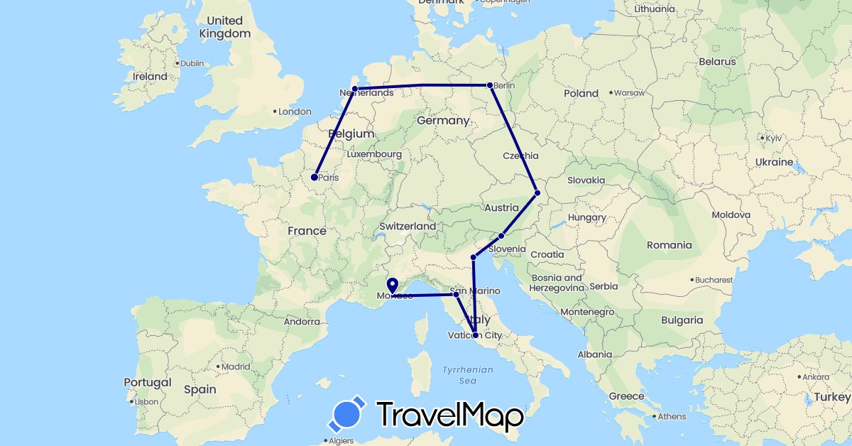 TravelMap itinerary: driving in Austria, Germany, France, Italy, Netherlands, Slovenia (Europe)